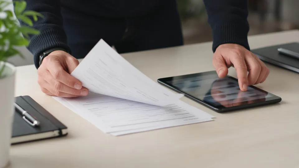 Handen die papieren en een tablet doornemen aan een bureau