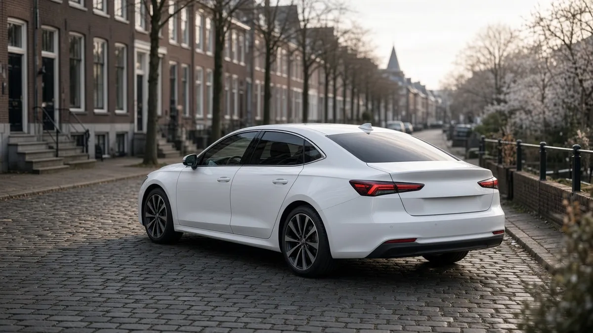 Witte moderne auto op een rustige Nederlandse straat in ochtendlicht
